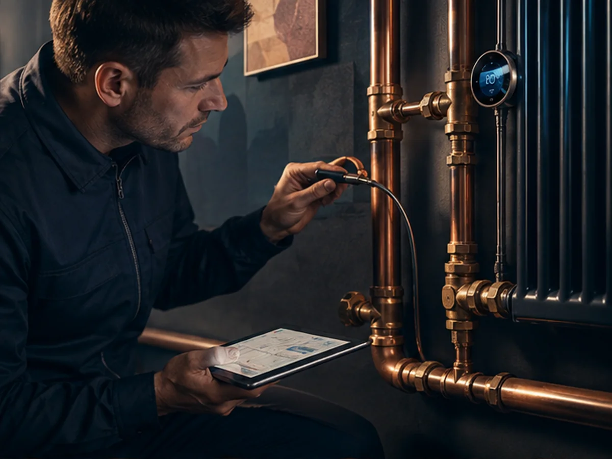Heating engineer documenting a London boiler repair case file
